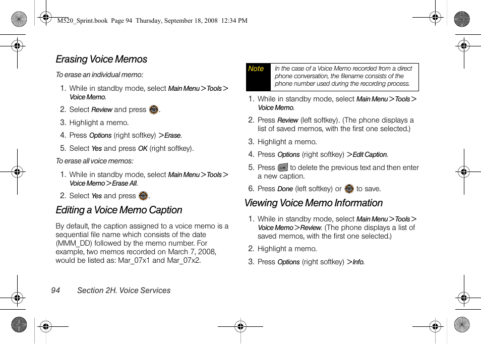 Erasing voice memos, Editing a voice memo caption, Viewing voice memo information | Sprint Nextel M520 User Manual | Page 110 / 199