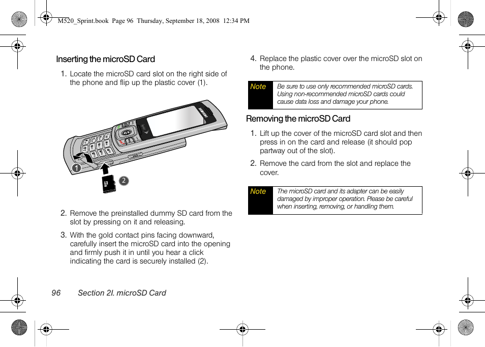 Inserting the microsd card, Removing the microsd card | Sprint Nextel M520 User Manual | Page 112 / 199