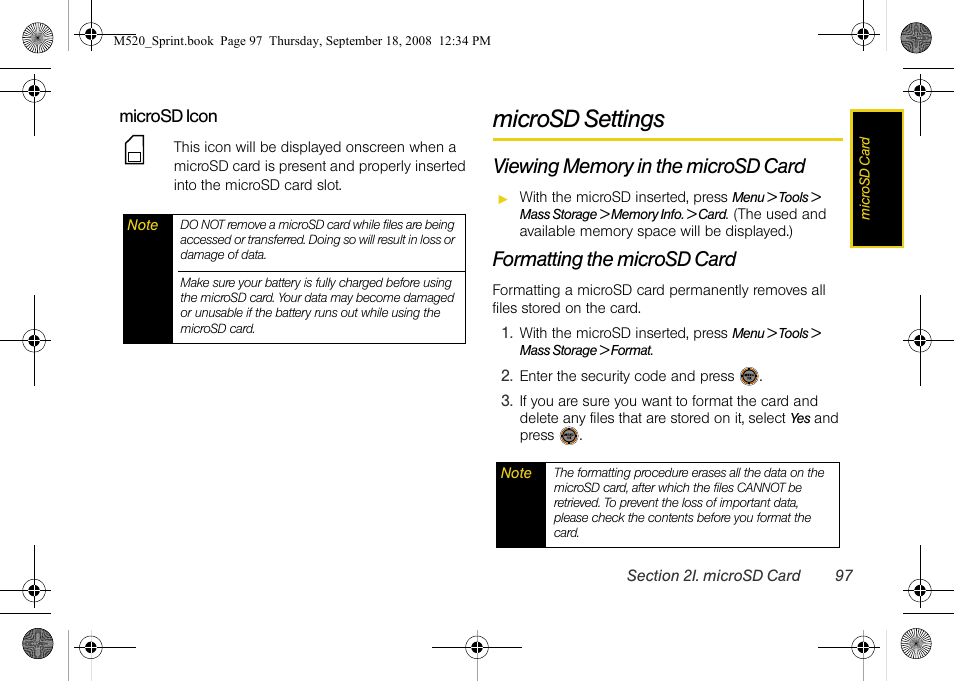 Microsd settings, Viewing memory in the microsd card, Formatting the microsd card | Sprint Nextel M520 User Manual | Page 113 / 199