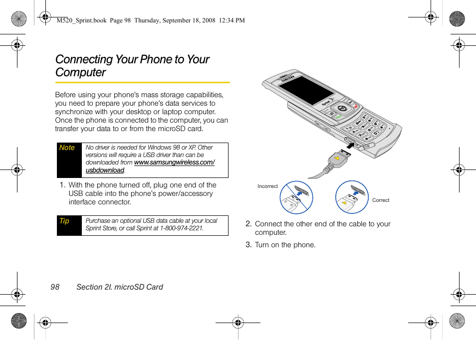 Connecting your phone to your computer | Sprint Nextel M520 User Manual | Page 114 / 199