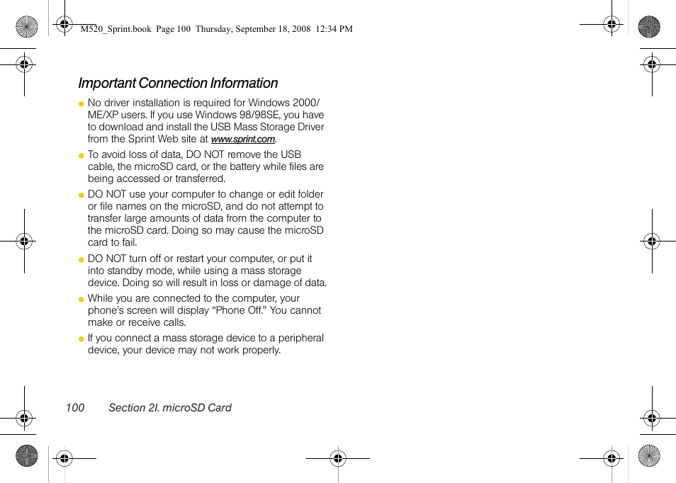 Important connection information | Sprint Nextel M520 User Manual | Page 116 / 199