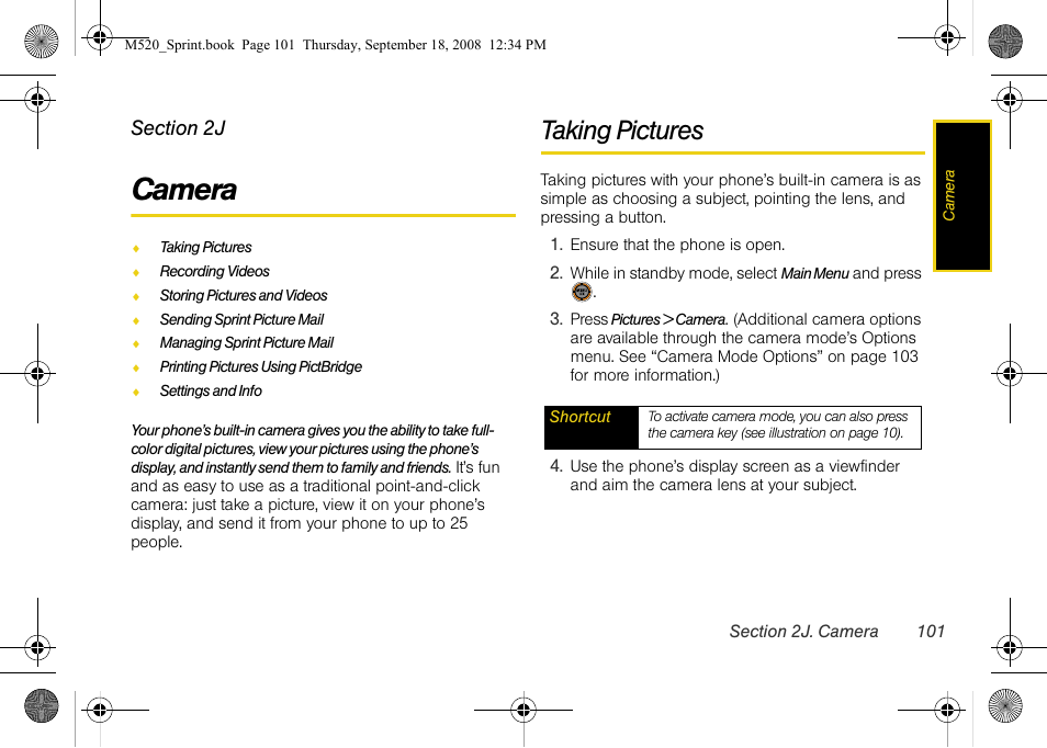 Camera, Taking pictures, 2j. camera | Sprint Nextel M520 User Manual | Page 117 / 199