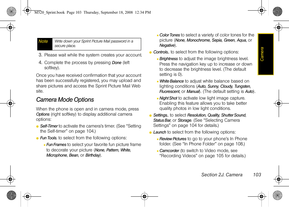 Camera mode options | Sprint Nextel M520 User Manual | Page 119 / 199