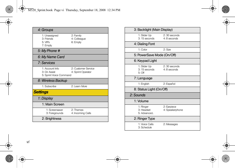 Settings | Sprint Nextel M520 User Manual | Page 12 / 199