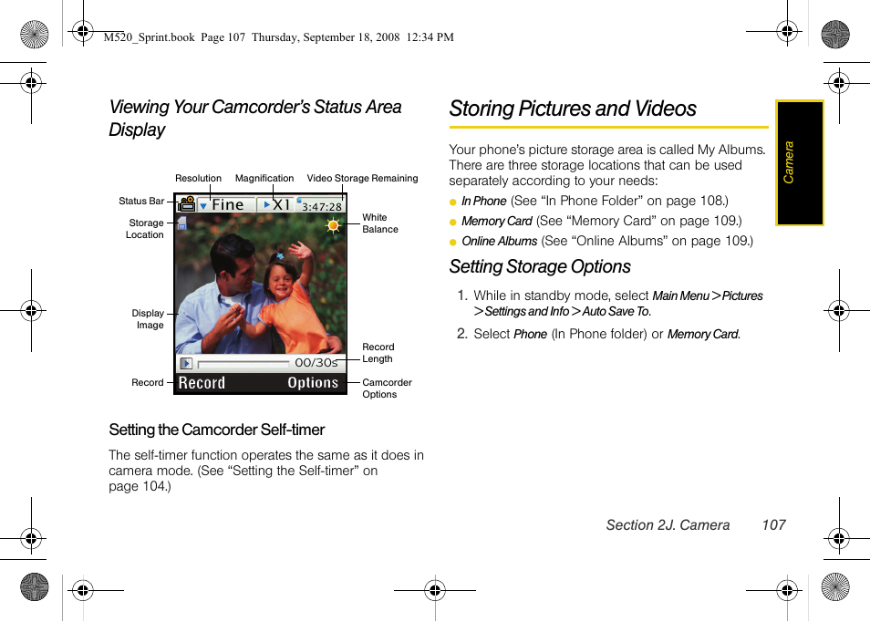 Viewing your camcorder’s status area display, Storing pictures and videos, Setting storage options | Sprint Nextel M520 User Manual | Page 123 / 199