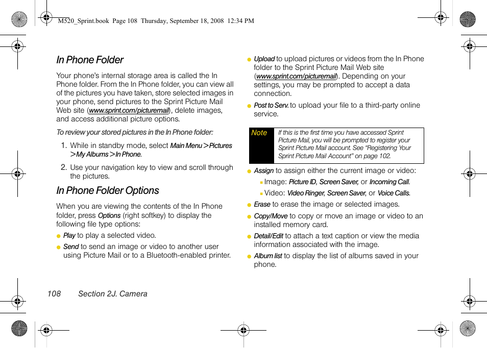 In phone folder, In phone folder options | Sprint Nextel M520 User Manual | Page 124 / 199