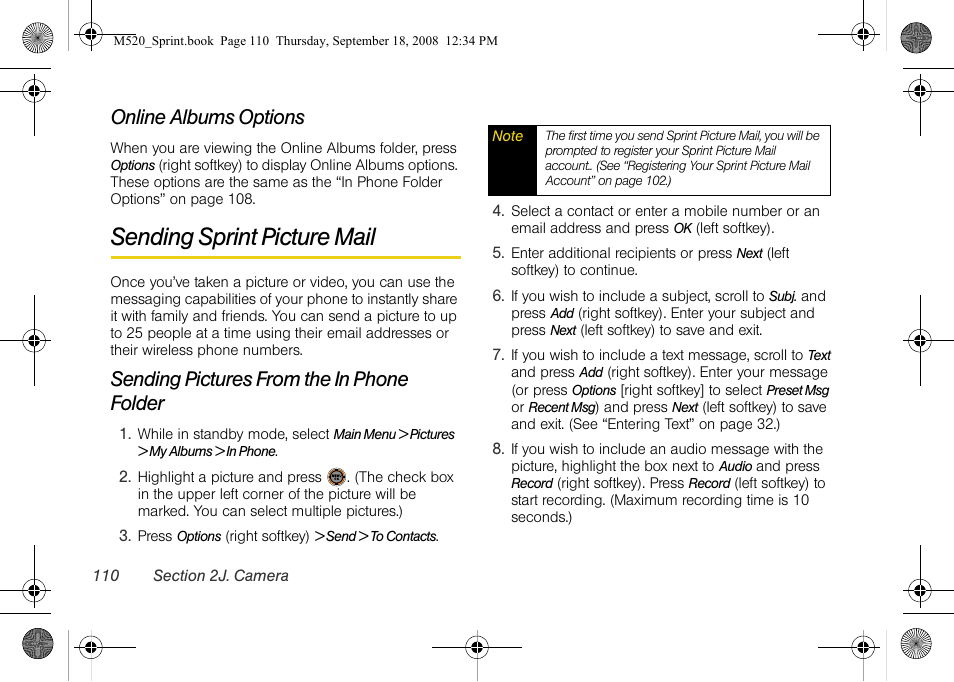 Online albums options, Sending sprint picture mail, Sending pictures from the in phone folder | O. (see “sending sprint | Sprint Nextel M520 User Manual | Page 126 / 199