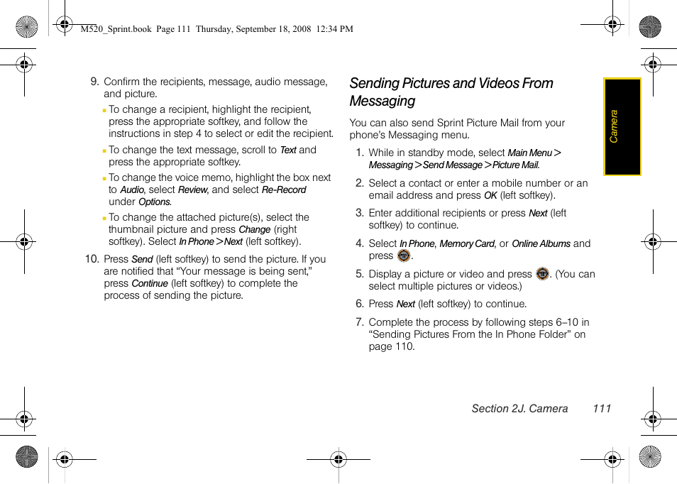 Sending pictures and videos from messaging | Sprint Nextel M520 User Manual | Page 127 / 199