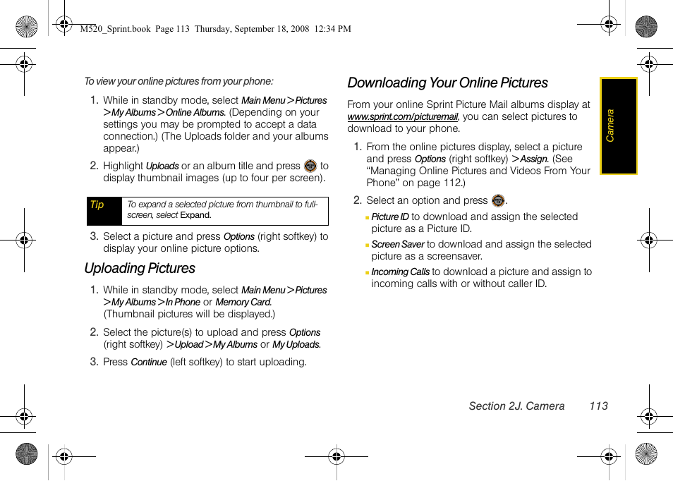 Uploading pictures, Downloading your online pictures | Sprint Nextel M520 User Manual | Page 129 / 199