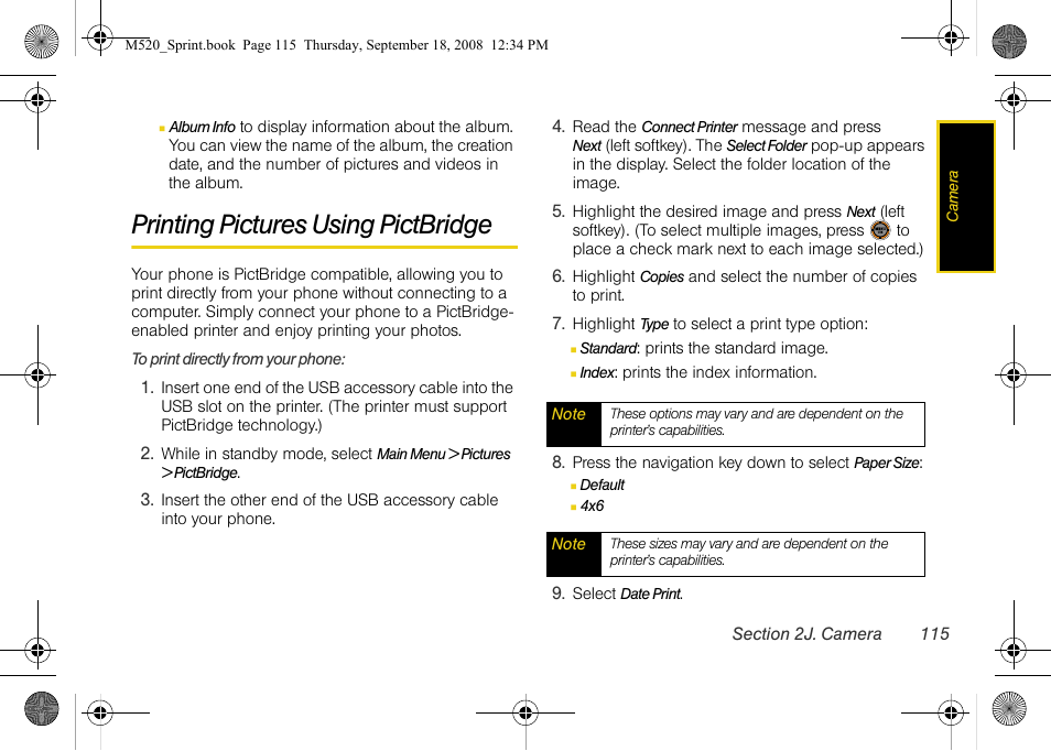 Printing pictures using pictbridge | Sprint Nextel M520 User Manual | Page 131 / 199