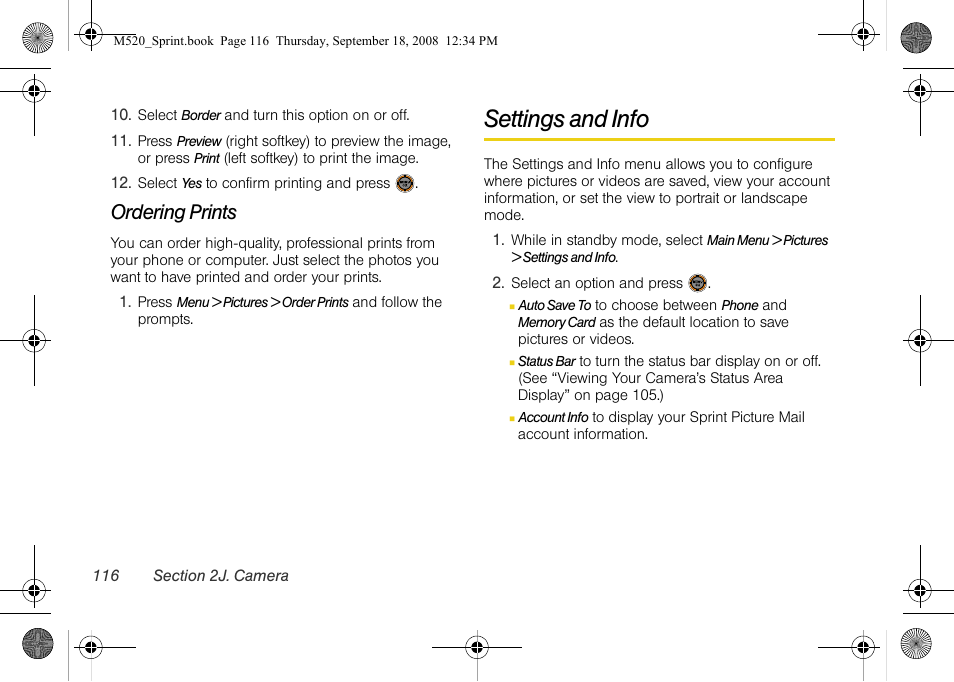 Ordering prints, Settings and info | Sprint Nextel M520 User Manual | Page 132 / 199