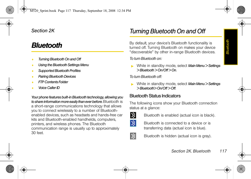 Bluetooth, Turning bluetooth on and off, 2k. bluetooth | Sprint Nextel M520 User Manual | Page 133 / 199