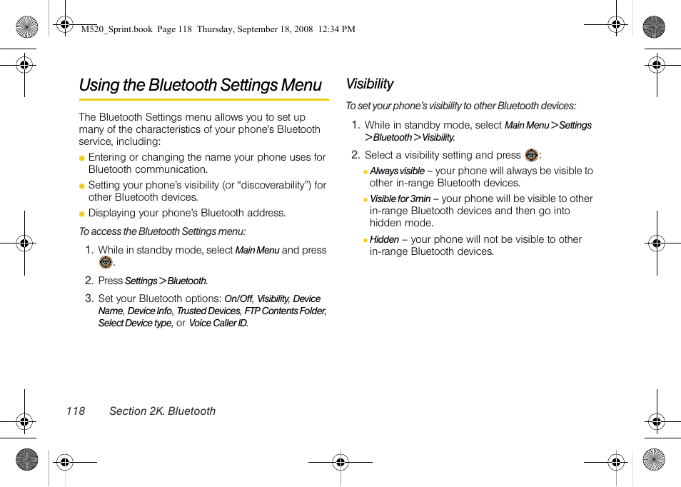 Using the bluetooth settings menu, Visibility | Sprint Nextel M520 User Manual | Page 134 / 199