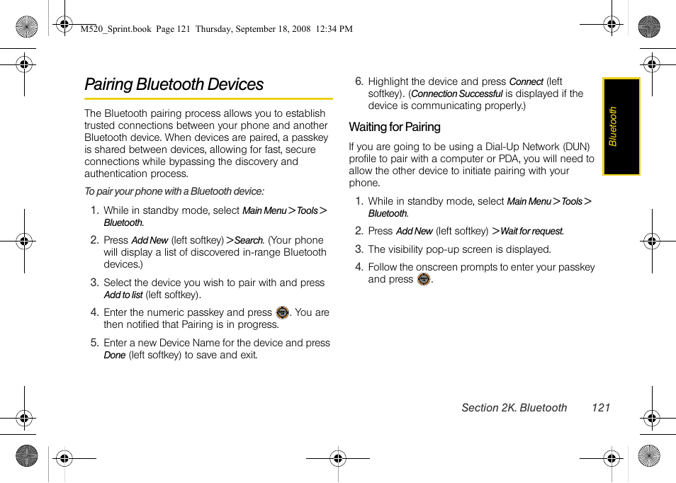 Pairing bluetooth devices | Sprint Nextel M520 User Manual | Page 137 / 199