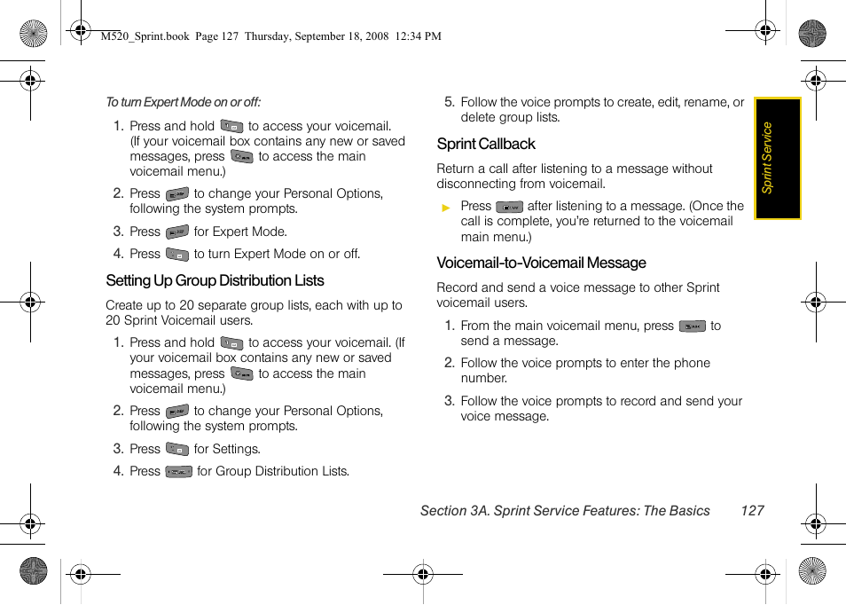 Setting up group distribution lists, Sprint callback, Voicemail-to-voicemail message | Sprint Nextel M520 User Manual | Page 143 / 199