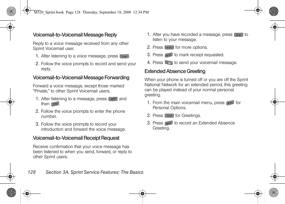 Voicemail-to-voicemail message reply, Voicemail-to-voicemail message forwarding, Voicemail-to-voicemail receipt request | Extended absence greeting | Sprint Nextel M520 User Manual | Page 144 / 199