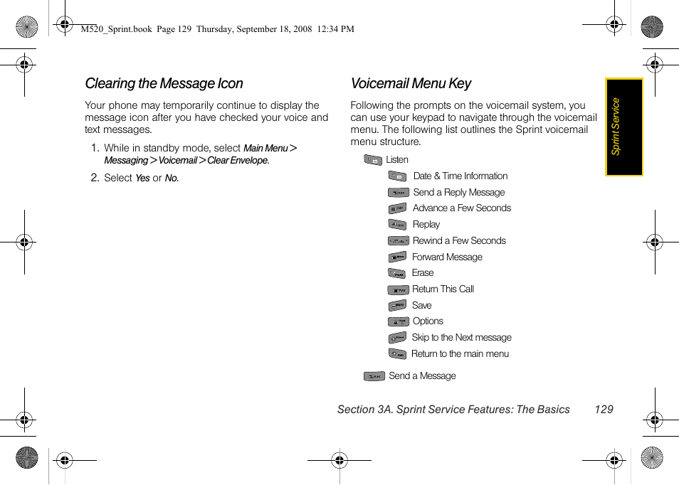 Clearing the message icon, Voicemail menu key, While in standby mode, select | Select | Sprint Nextel M520 User Manual | Page 145 / 199