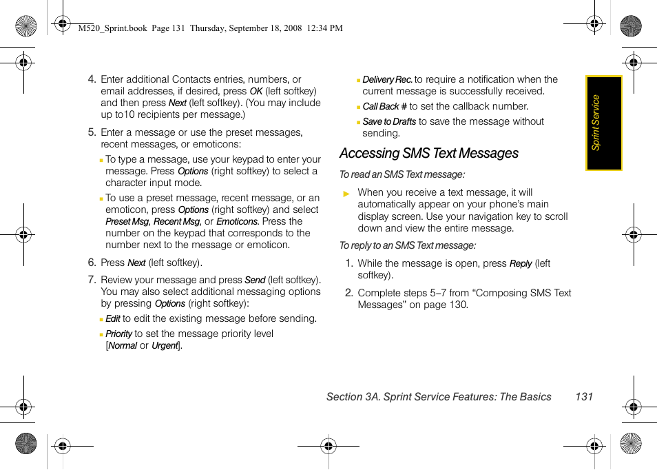 Accessing sms text messages | Sprint Nextel M520 User Manual | Page 147 / 199