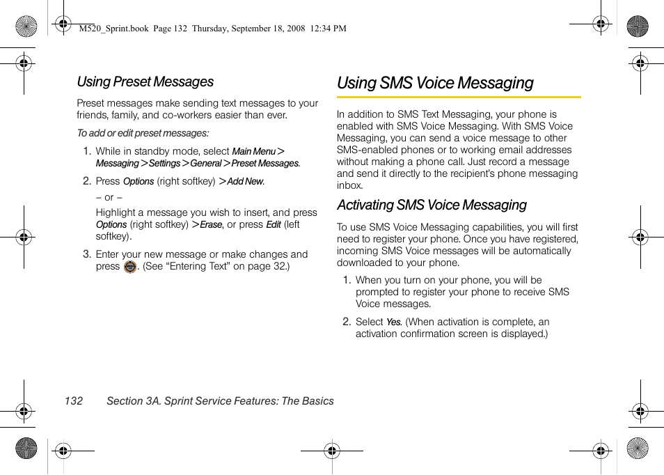 Using preset messages, Using sms voice messaging, Activating sms voice messaging | Sprint Nextel M520 User Manual | Page 148 / 199