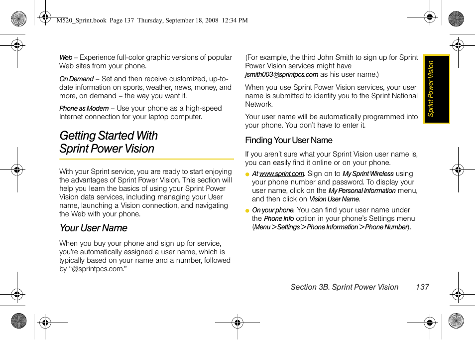 Getting started with sprint power vision, Your user name, Getting started with | Sprint power vision | Sprint Nextel M520 User Manual | Page 153 / 199