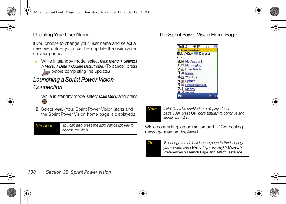 Launching a sprint power vision connection | Sprint Nextel M520 User Manual | Page 154 / 199