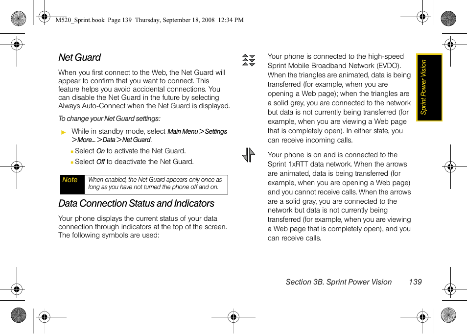 Net guard, Data connection status and indicators | Sprint Nextel M520 User Manual | Page 155 / 199