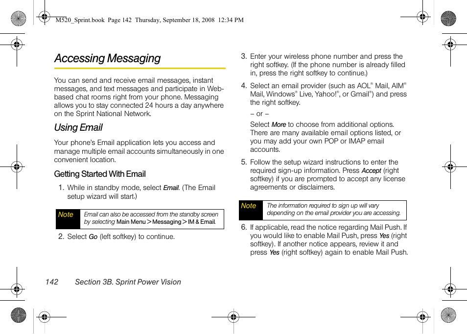 Accessing messaging, Using email | Sprint Nextel M520 User Manual | Page 158 / 199