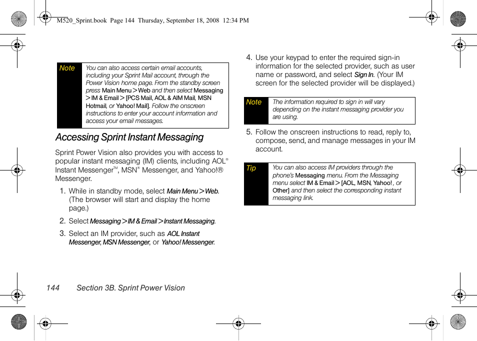 Accessing sprint instant messaging | Sprint Nextel M520 User Manual | Page 160 / 199