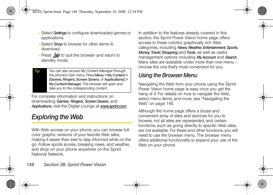 Exploring the web, Using the browser menu | Sprint Nextel M520 User Manual | Page 164 / 199