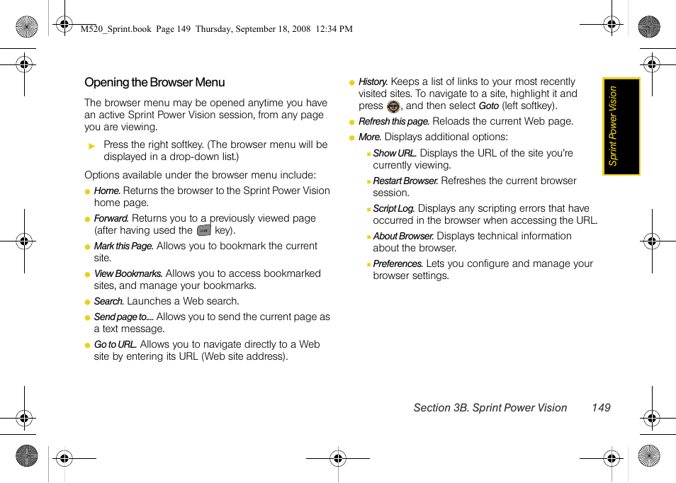 Opening the browser menu | Sprint Nextel M520 User Manual | Page 165 / 199