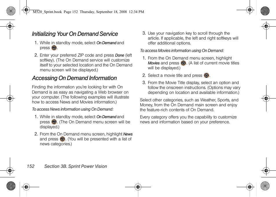 Initializing your on demand service, Accessing on demand information | Sprint Nextel M520 User Manual | Page 168 / 199