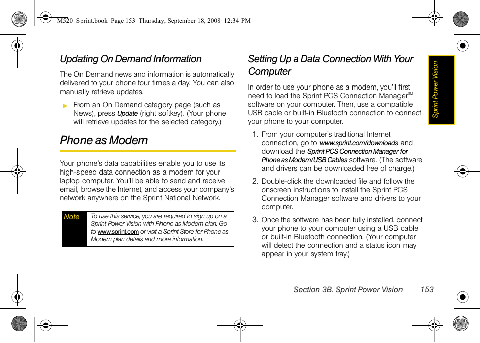 Updating on demand information, Phone as modem, Setting up a data connection with your computer | Sprint Nextel M520 User Manual | Page 169 / 199