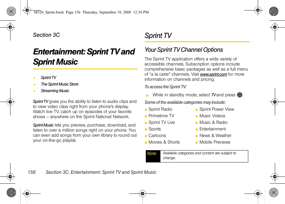 Entertainment: sprint tv and sprint music, Sprint tv, Your sprint tv channel options | 3c. entertainment: sprint tv and, Sprint music, See “sprint | Sprint Nextel M520 User Manual | Page 172 / 199