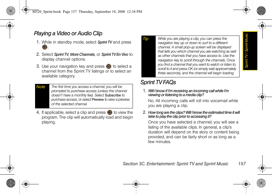 Playing a video or audio clip, Sprint tv faqs | Sprint Nextel M520 User Manual | Page 173 / 199