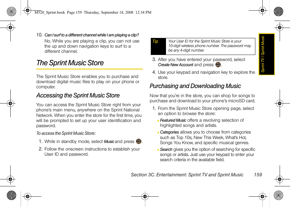 The sprint music store, Accessing the sprint music store, Purchasing and downloading music | Sprint Nextel M520 User Manual | Page 175 / 199