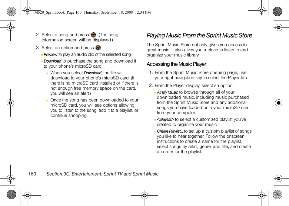 Playing music from the sprint music store | Sprint Nextel M520 User Manual | Page 176 / 199