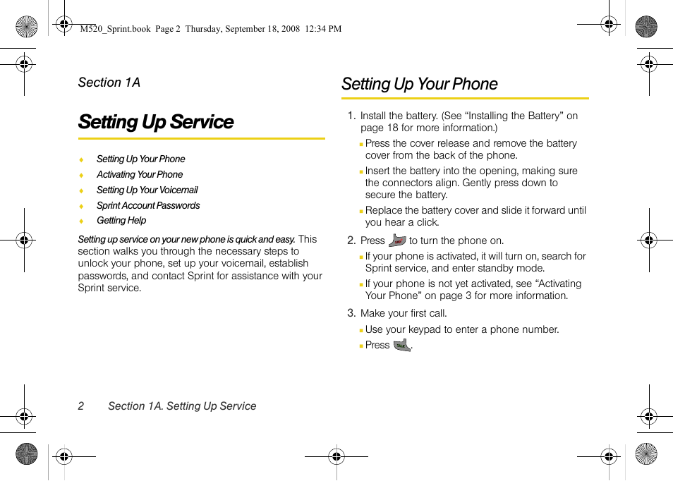 Setting up service, Setting up your phone, 1a. setting up service | Sprint Nextel M520 User Manual | Page 18 / 199