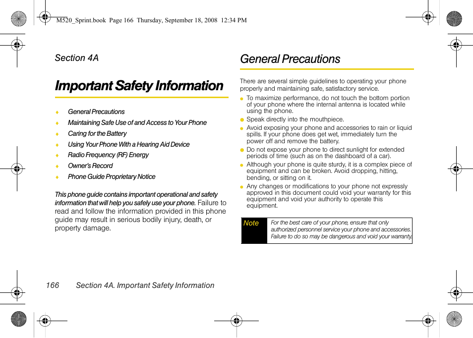 Important safety information, General precautions, 4a. important safety information | Sprint Nextel M520 User Manual | Page 182 / 199