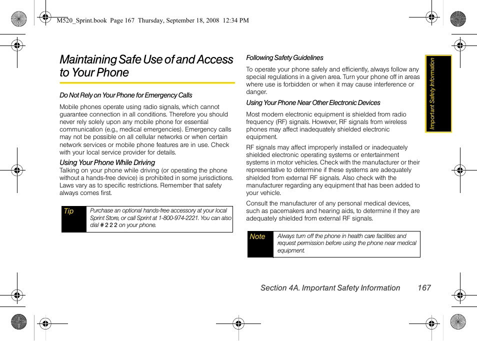 Maintaining safe use of and access to your phone, Maintaining safe use of and access to, Your phone | Sprint Nextel M520 User Manual | Page 183 / 199