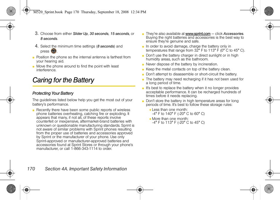 Caring for the battery | Sprint Nextel M520 User Manual | Page 186 / 199