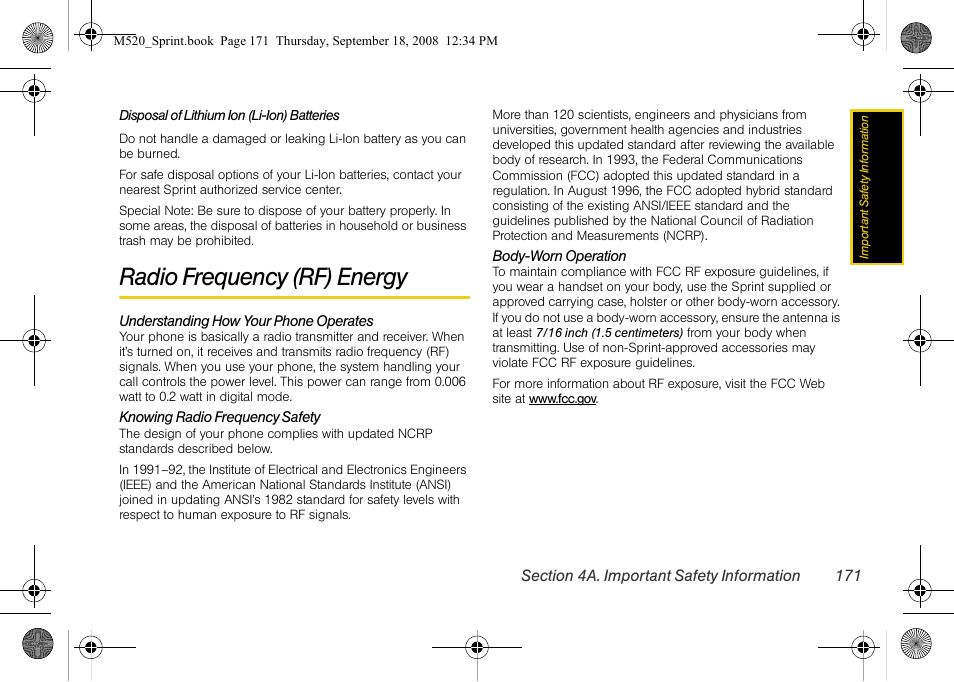 Radio frequency (rf) energy | Sprint Nextel M520 User Manual | Page 187 / 199