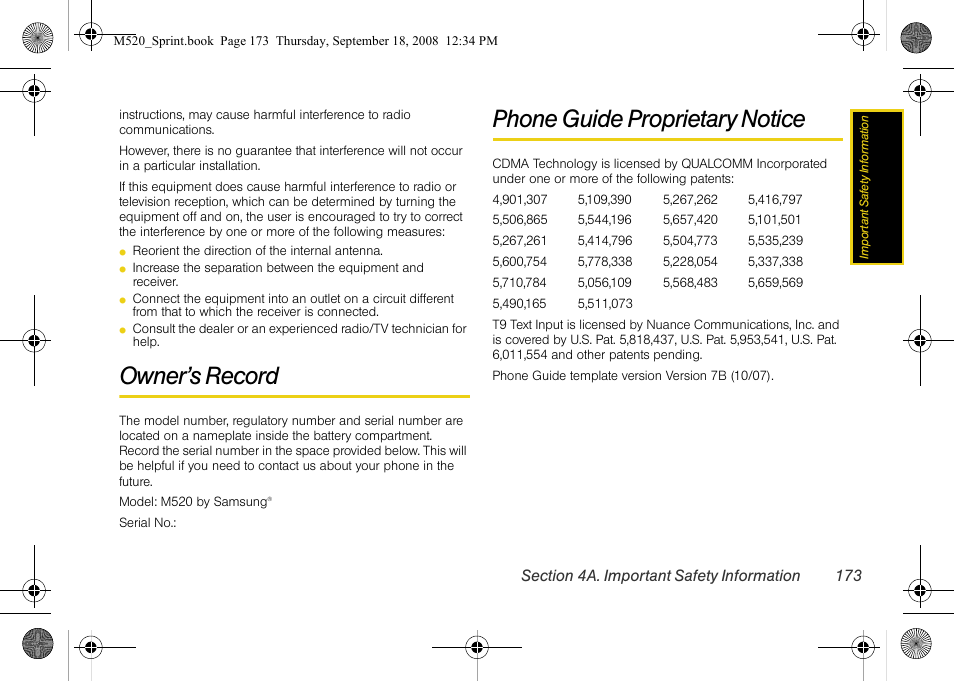 Owner’s record, Phone guide proprietary notice | Sprint Nextel M520 User Manual | Page 189 / 199