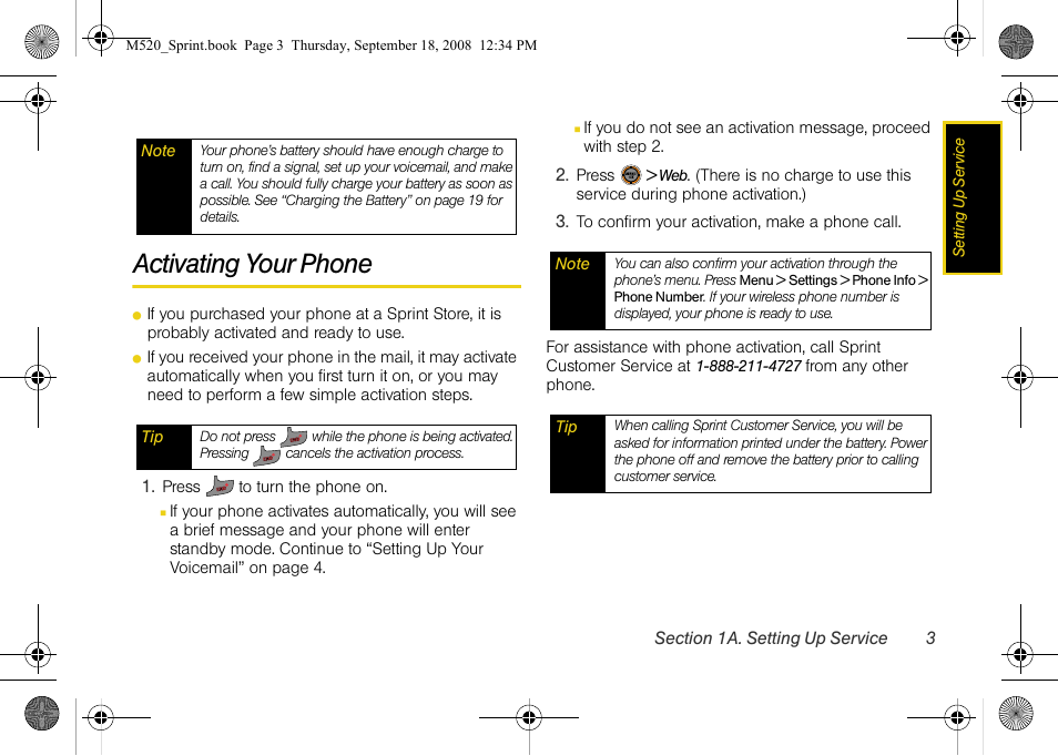 Activating your phone | Sprint Nextel M520 User Manual | Page 19 / 199