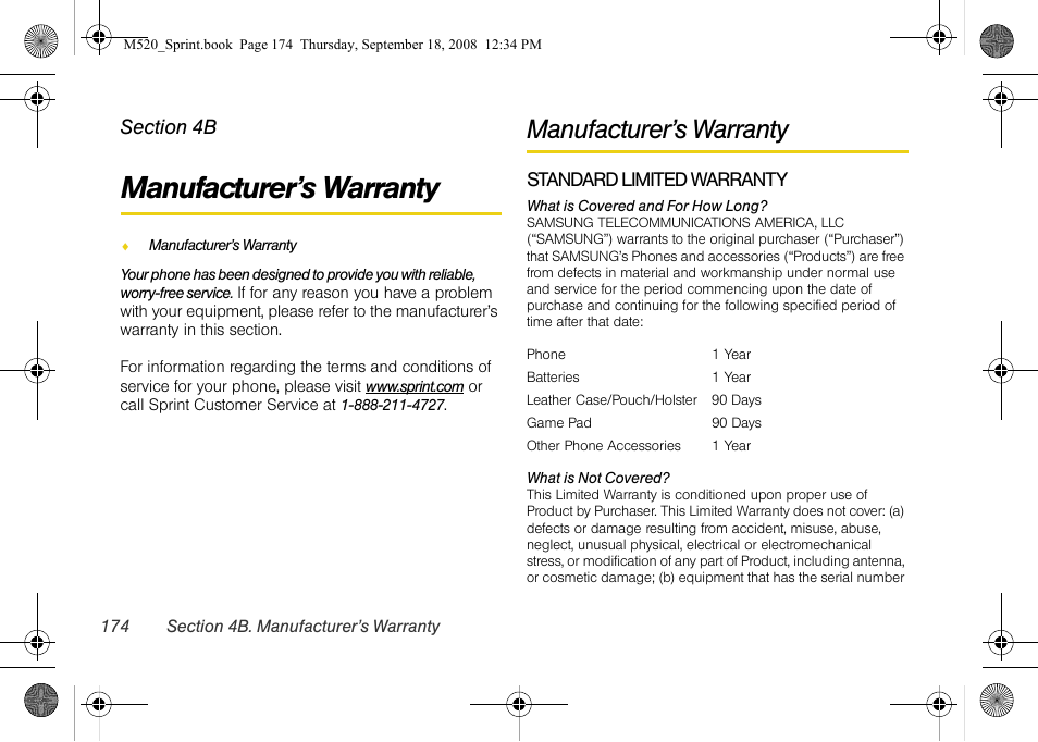 Manufacturer’s warranty, 4b. manufacturer’s warranty | Sprint Nextel M520 User Manual | Page 190 / 199