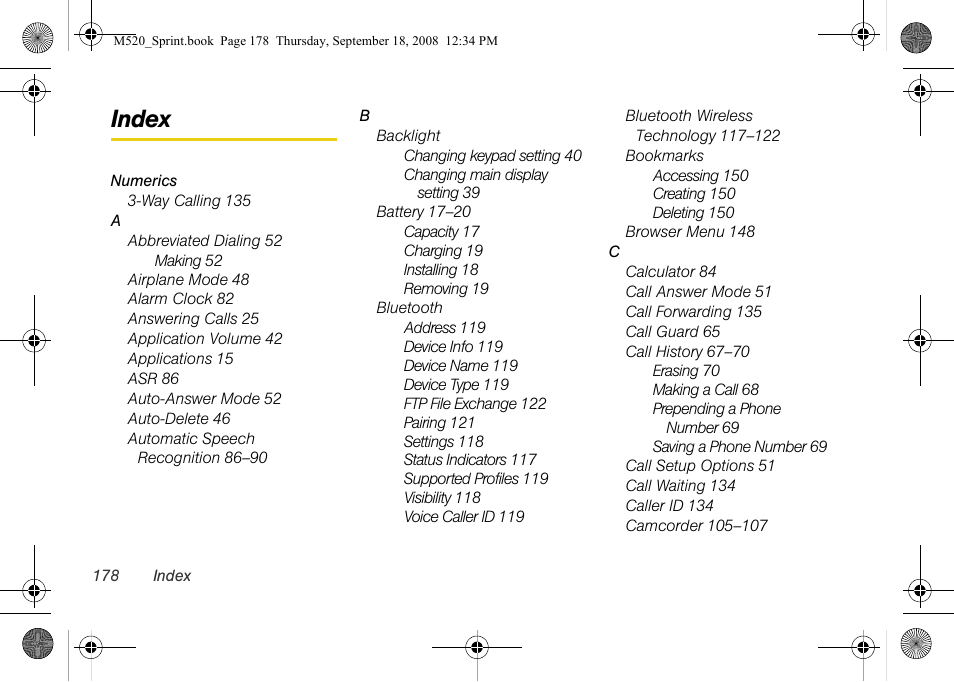 Index | Sprint Nextel M520 User Manual | Page 194 / 199