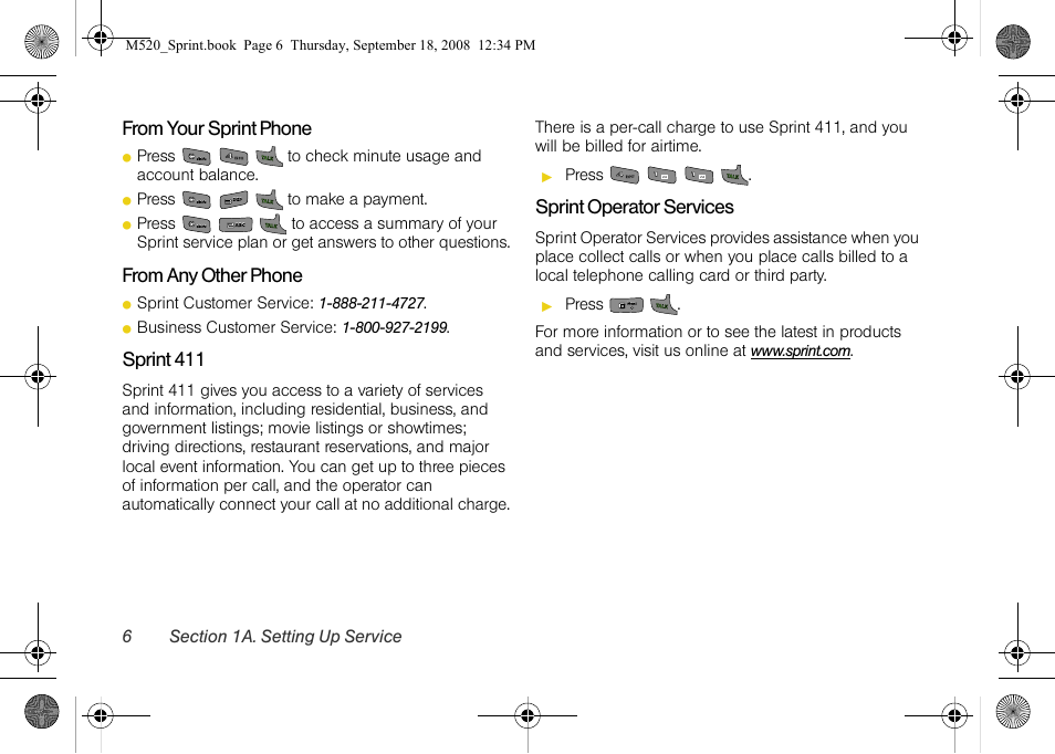 Sprint 411, Sprint operator services | Sprint Nextel M520 User Manual | Page 22 / 199