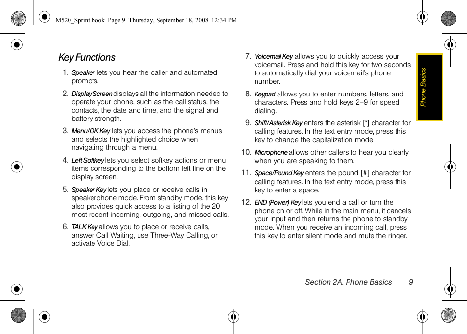 Key functions | Sprint Nextel M520 User Manual | Page 25 / 199