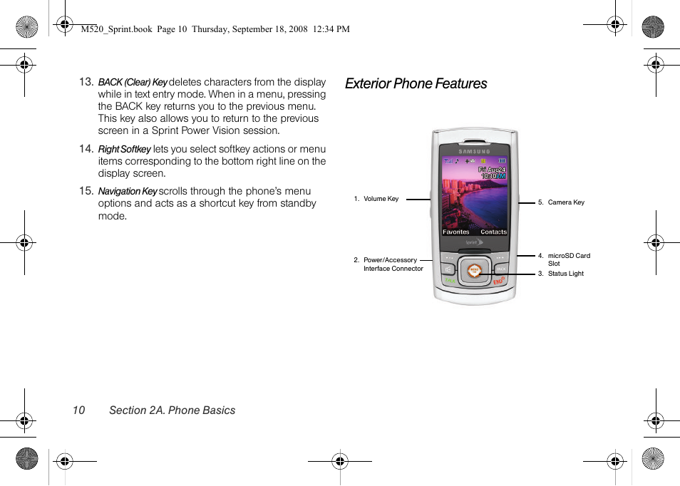 Exterior phone features | Sprint Nextel M520 User Manual | Page 26 / 199