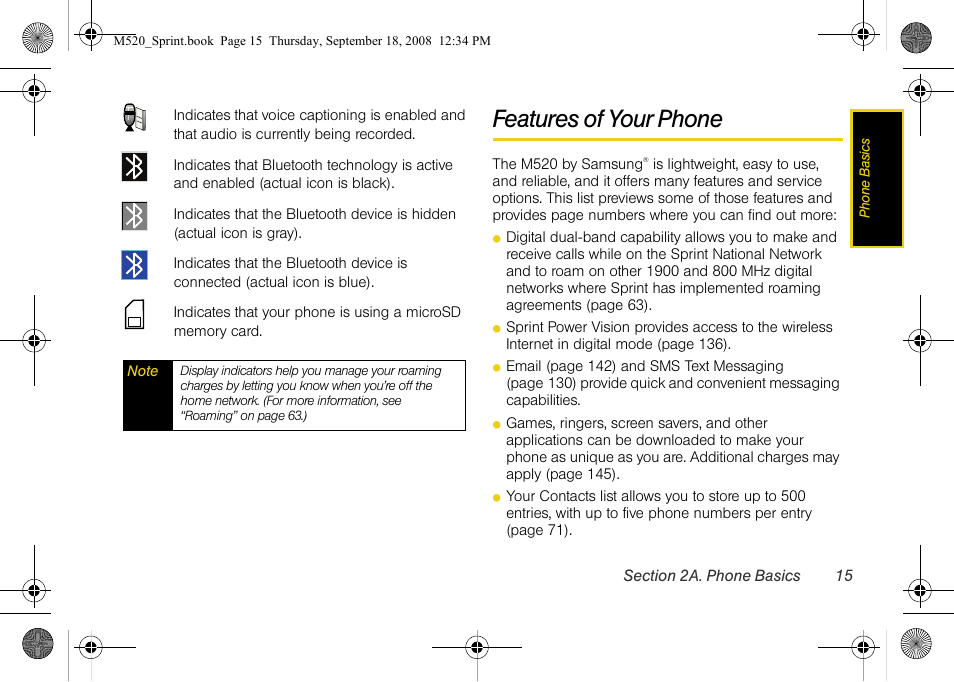 Features of your phone | Sprint Nextel M520 User Manual | Page 31 / 199