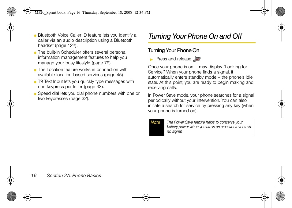 Turning your phone on and off | Sprint Nextel M520 User Manual | Page 32 / 199